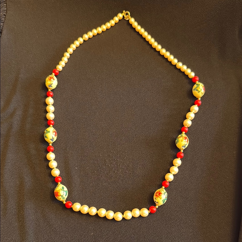 Elegant Pearl and Red Bead Necklace